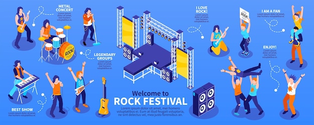 Vector gratuito conjunto de infografía de estrella de rock con símbolos de concierto de metal ilustración vectorial isométrica