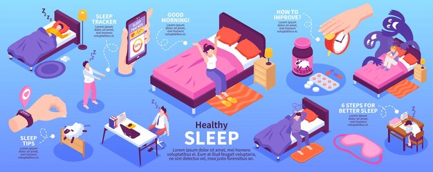 Conjunto de infografía de sueño saludable con símbolos de consejos de sueño ilustración vectorial isométrica