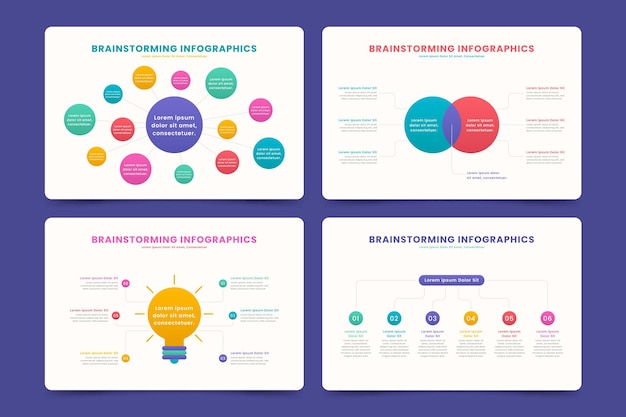 Vector gratuito conjunto de infografías de lluvia de ideas de diseño plano