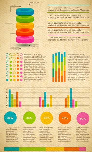 Conjunto infográfico multicolor con diferentes tipos de gráficos, texto y porcentaje.