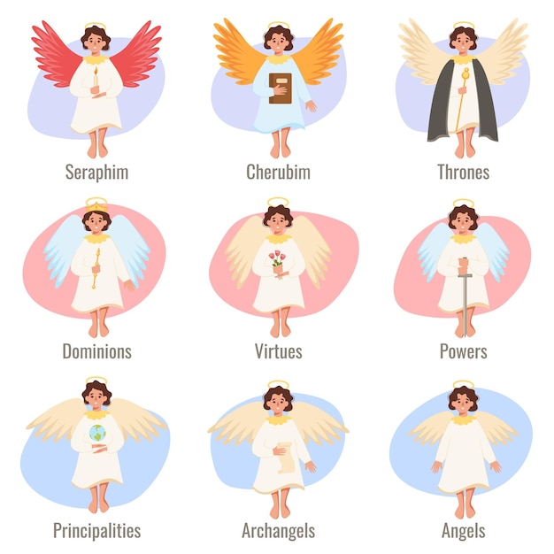 Vector gratuito conjunto infográfico plano de la biblia del paraíso de nueve caracteres aislados que representan tipos de ángeles con subtítulos de texto ilustración vectorial