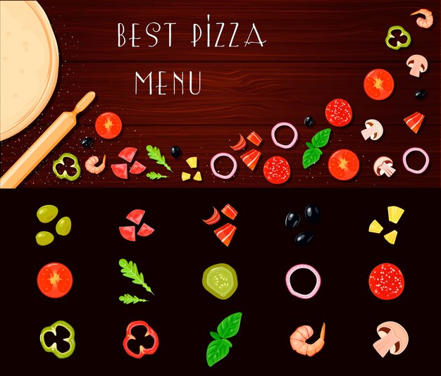 Conjunto de ingredientes de dibujos animados retro estilo pizza