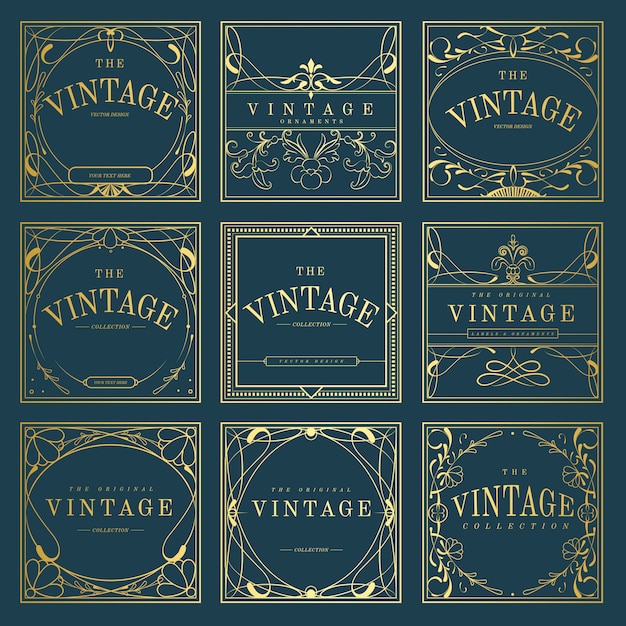 Conjunto de insignias de art nouveau de oro vintage en vector azul