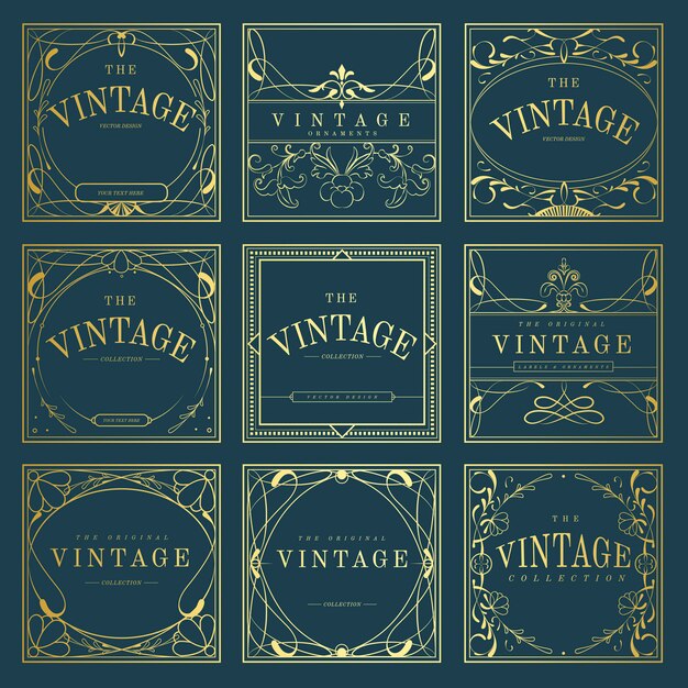 Conjunto de insignias de art nouveau de oro vintage en vector azul