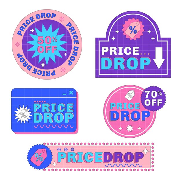 Conjunto de insignias de caída de precio dibujadas a mano