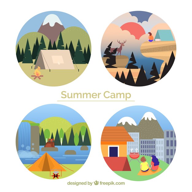 Conjunto de insignias de campamento de verano en estilo plano