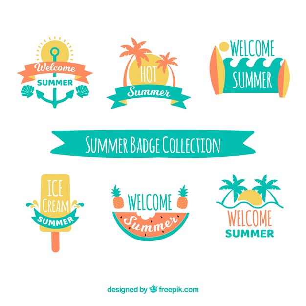 Conjunto de insignias coloridas de verano con elementos de playa en estilo plano