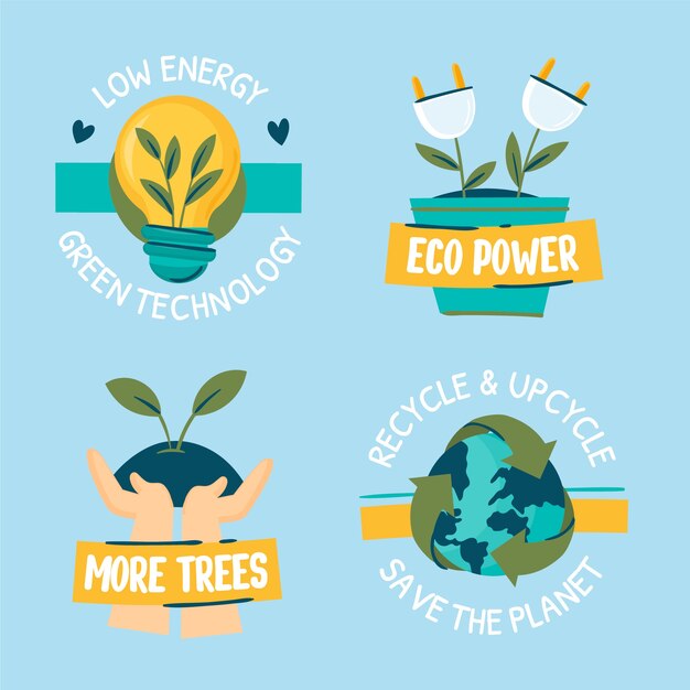 Conjunto de insignias de concepto ecológico dibujado a mano