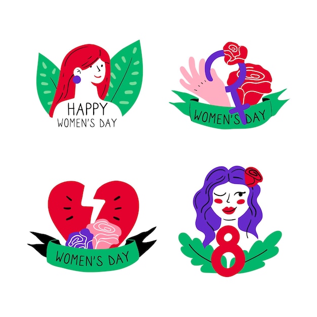 Vector gratuito conjunto de insignias del día internacional de la mujer dibujadas a mano.