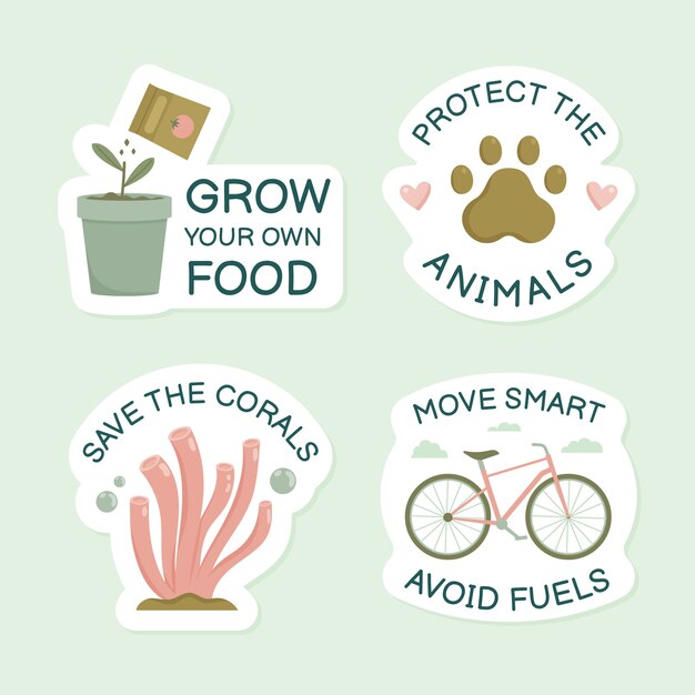 Conjunto de insignias ecológicas dibujadas a mano