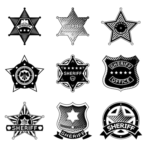 Conjunto de insignias y estrellas de sheriff o mariscal de vector.
