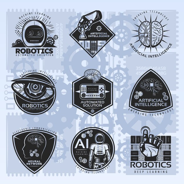 Conjunto de insignias de inteligencia artificial vintage