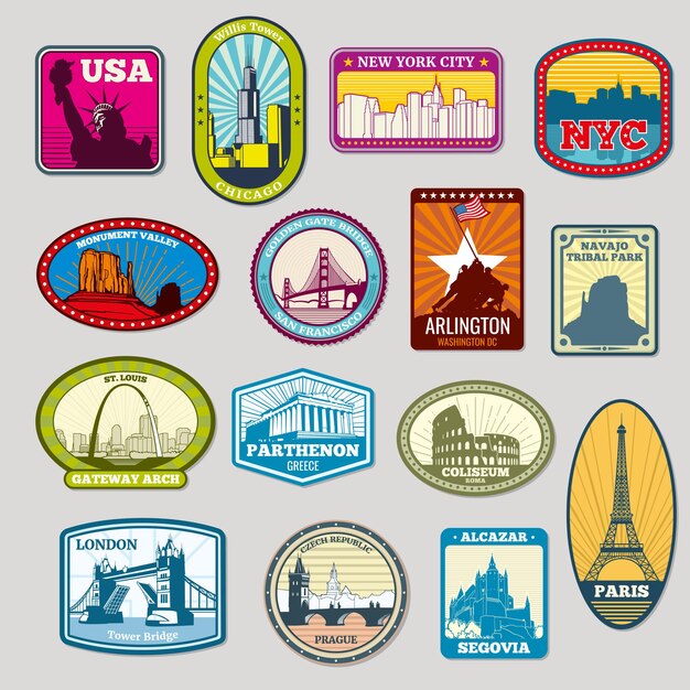 Conjunto de insignias de monumentos y monumentos de fama mundial