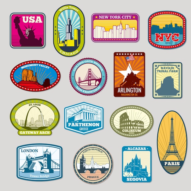 Conjunto de insignias de monumentos y monumentos de fama mundial