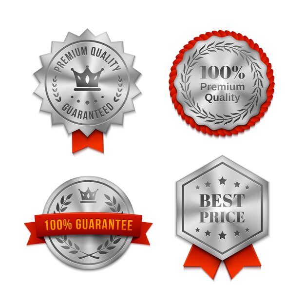 Conjunto de insignias o etiquetas de calidad plateadas metálicas en varias formas con cintas rojas y texto que garantizan la calidad del producto o servicio ilustración vectorial en blanco