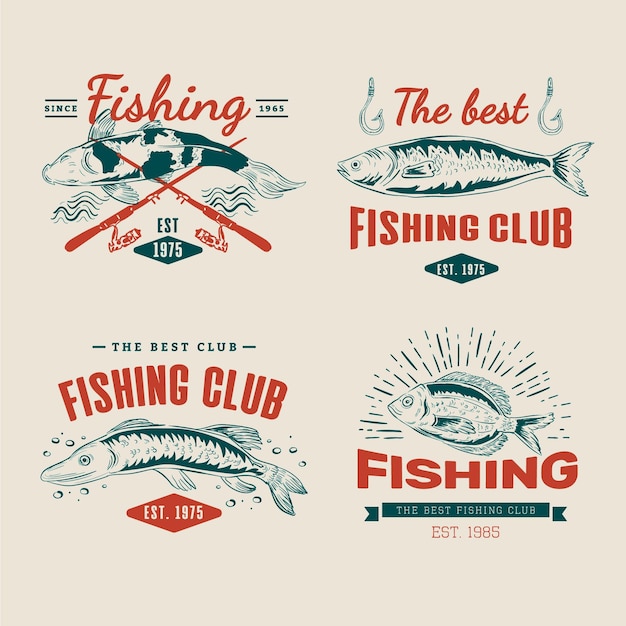 Vector gratuito conjunto de insignias de pesca vintage detalladas