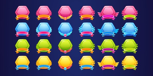 Conjunto de insignias de premios brillantes que clasifican los iconos de la interfaz de usuario del nivel del juego Escudos coloridos hexagonales vacíos con alas de pancartas o coronas de laurel marcos de bonificación o rango aislados rosa azul oro verde Conjunto de elementos vectoriales