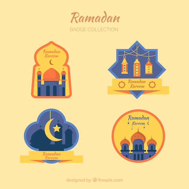 Vector gratuito conjunto de insignias de ramadán con elementos musulmanes