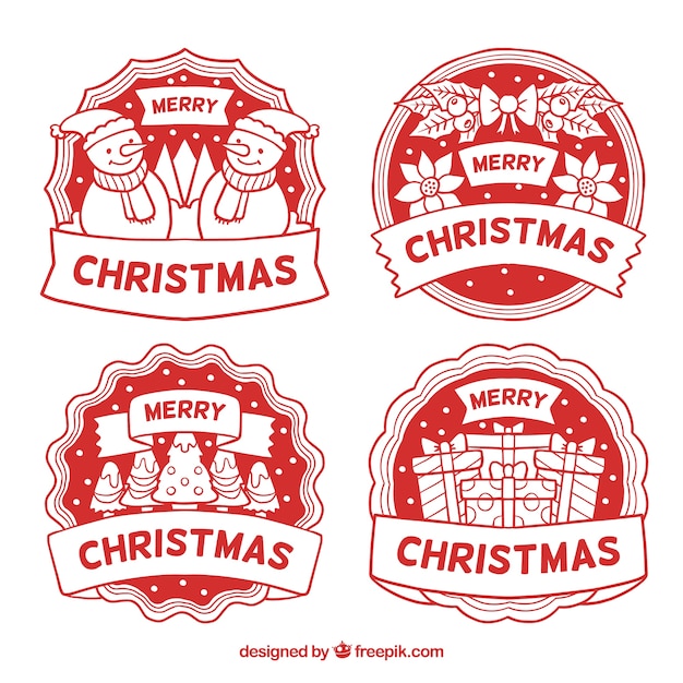 Conjunto de insignias rojas de navidad dibujadas a mano