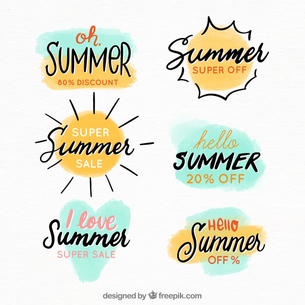 Conjunto de insignias de ventaa de verano en estilo acuarela