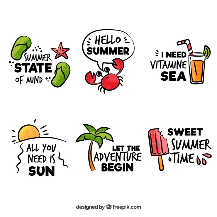 Vector gratuito conjunto de insignias de verano con elementos de playa en estilo hecho a mano