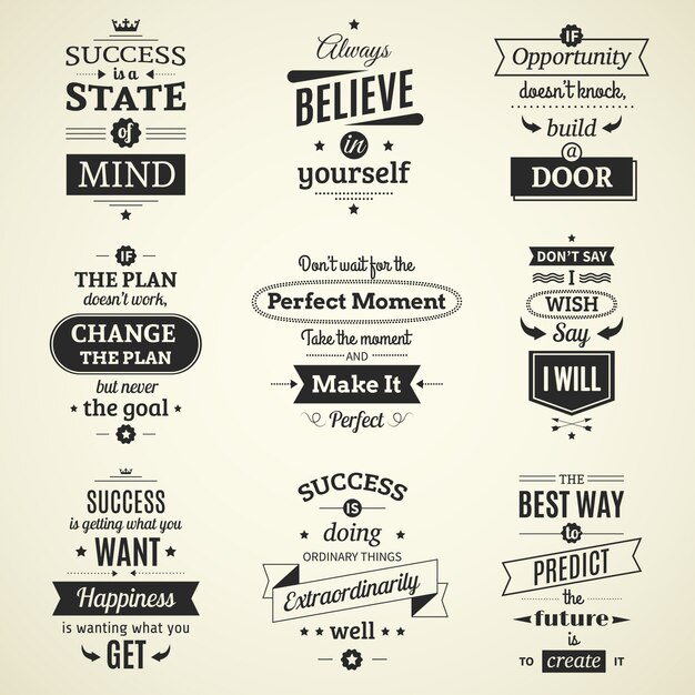 Conjunto de inspiradores éxitos cita carteles tipográficos con motivación de vida creativa