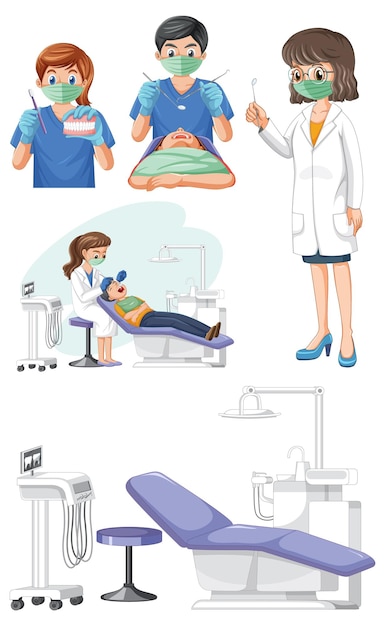 Vector gratuito conjunto de instrumentos de dentista que examinan los dientes del paciente