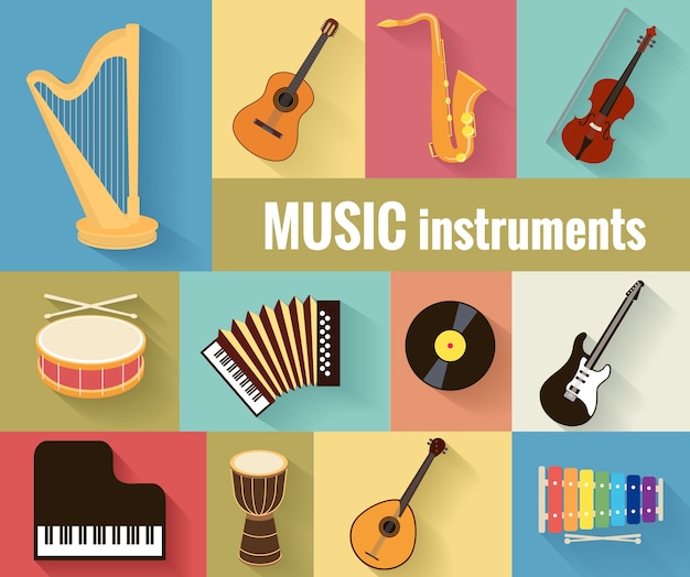 Vector gratuito conjunto de instrumentos musicales arpa, guitarra, saxofón, violín, tambor, acordeón, piano y banjo. aislado en un fondo separado.