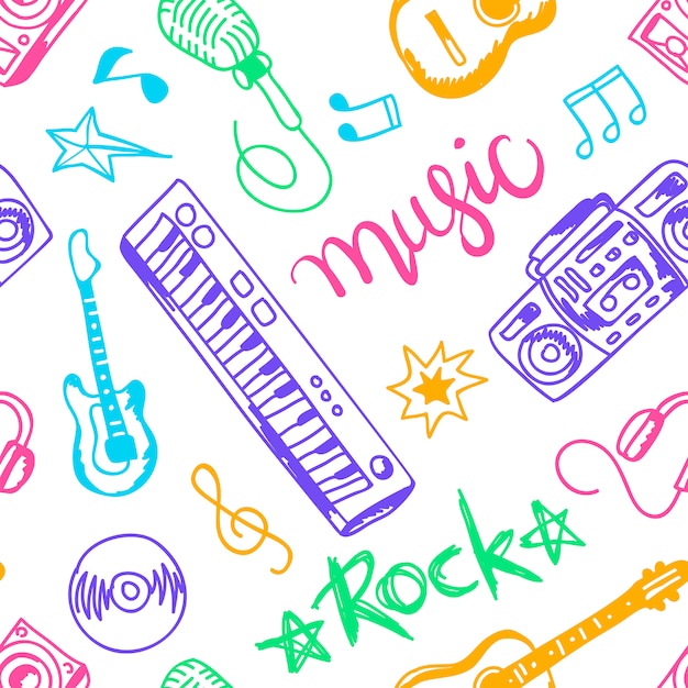 Conjunto de instrumentos musicales, iconos planos ilustraciones y elementos de patrones sin fisuras