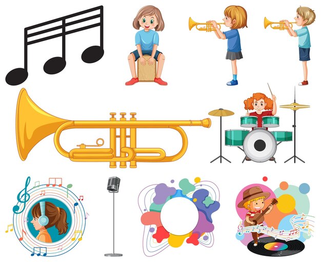 Conjunto de instrumentos musicales y símbolos musicales para niños