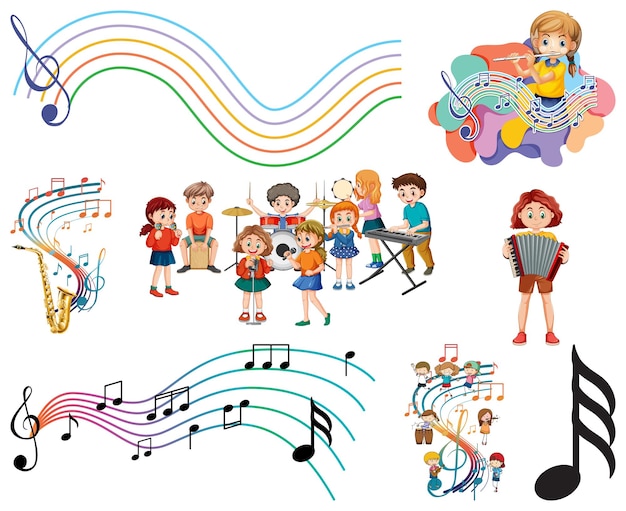 Conjunto de instrumentos musicales y símbolos musicales para niños
