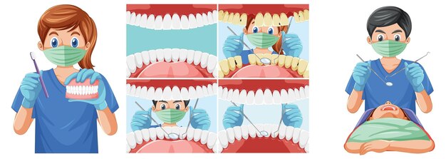 Conjunto de instrumentos de sujeción del dentista que examinan los dientes del paciente dentro