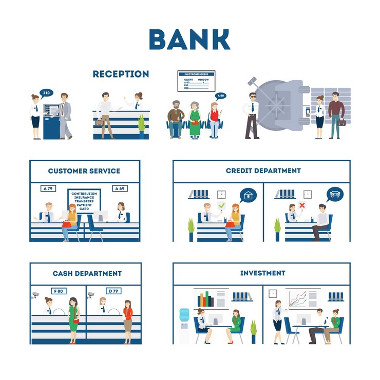 Vector gratuito conjunto interior del banco con visitantes y trabajadores sala de espera servicio al cliente seguro y departamento de efectivo ilustraciones aisladas sobre fondo blanco