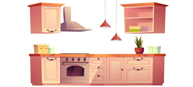 Conjunto interior de cocina con encimera, estufa