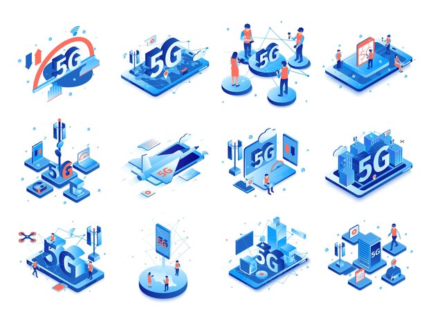 Conjunto de Internet isométrico 5g con composiciones aisladas de iconos, pictogramas e imágenes de dispositivos electrónicos con ilustraciones vectoriales de personas