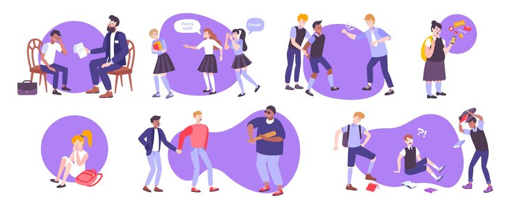 Vector gratuito conjunto de intimidación de imágenes planas aisladas con iconos de burbujas de pensamiento y personajes humanos de niños enojados ilustración vectorial
