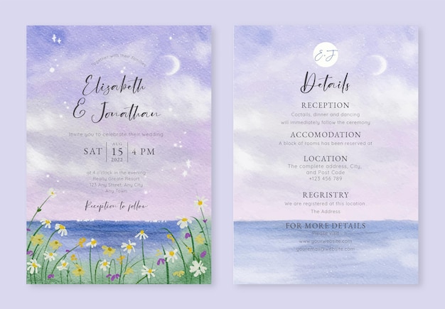 Conjunto de invitación de boda con cielo nocturno púrpura acuarela y campo floral en el lago