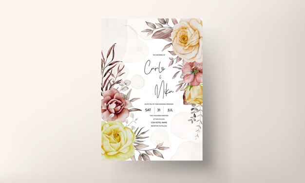 Conjunto de invitación de boda con elegante flor de acuarela y hojas.