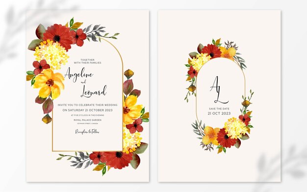Conjunto de invitación de boda floral acuarela colorida