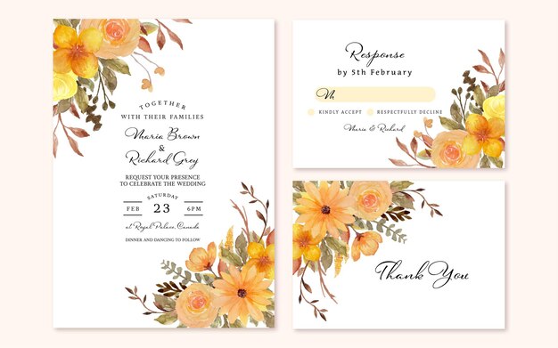 Conjunto de invitación de boda floral rústico amarillo