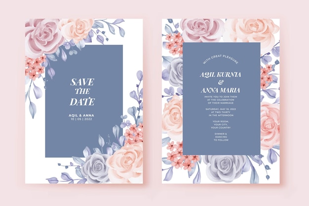 Conjunto de invitación de invierno de boda de elegancia plantilla rosa azul