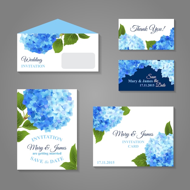 Vector gratuito conjunto de invitaciones de hortensia