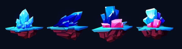 Conjunto de islas de juego voladoras con piedras preciosas aisladas sobre fondo negro Ilustración de dibujos animados vectoriales de piezas de tierra flotantes con cristales minerales rosados azules rocas de hielo en elementos de interfaz de usuario de superficie congelada