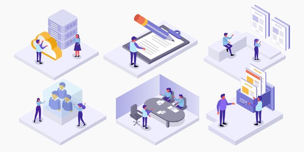 Conjunto de isomatric de personas que trabajan en el lugar de trabajo en análisis y gestión estadísticos, concepto de negocio