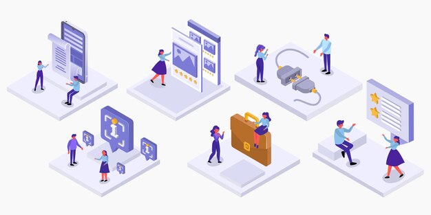 Conjunto de isomatric de personas que trabajan en el lugar de trabajo en marketing y gestión estadística, concepto de negocio