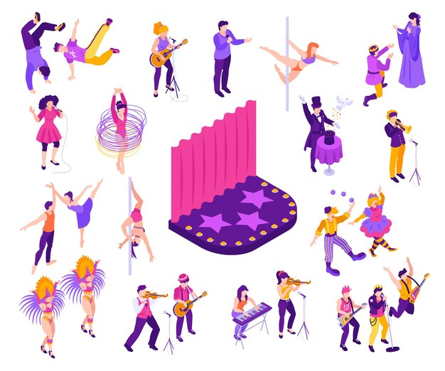 Conjunto isométrico de actuación de artista con pole y break dance banda musical bailarines de ballet mago standup comediante cantantes actores de teatro ilustración vectorial aislada