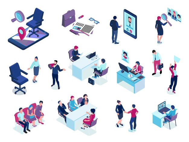 Conjunto isométrico de la agencia de contratación con vacantes de trabajo en línea que evalúan a los solicitantes que eligen candidatos entrevistar eventos de selección ilustración vectorial