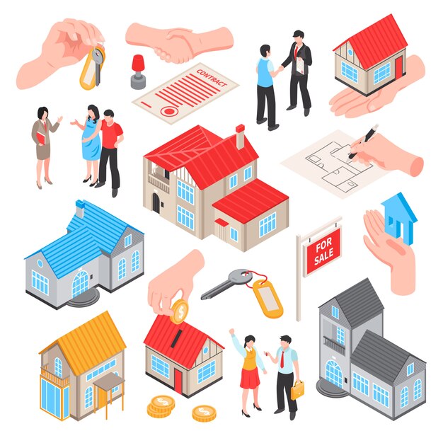 Conjunto isométrico de agencia inmobiliaria de impuestos de cambio de venta de iconos aislados de monedas de casas y personas ilustración vectorial