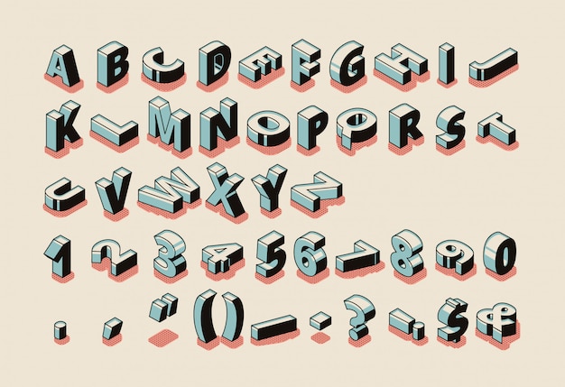 Vector gratuito conjunto isométrico del alfabeto inglés con letras latinas abc, símbolos especiales, signos de puntuación