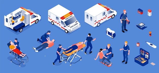 Vector gratuito conjunto isométrico de ambulancia de reanimóviles y personal médico que brinda primeros auxilios a pacientes ilustraciones vectoriales aisladas